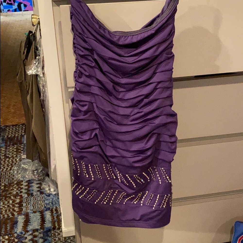SOLD Purple rouche dress with beads at bottom